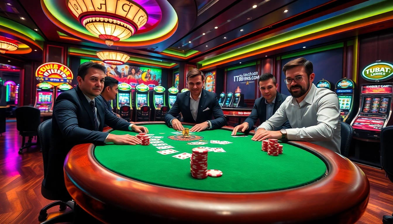 Experience thrilling poker action at tt88times.com in a luxurious casino setting with vibrant gaming elements.