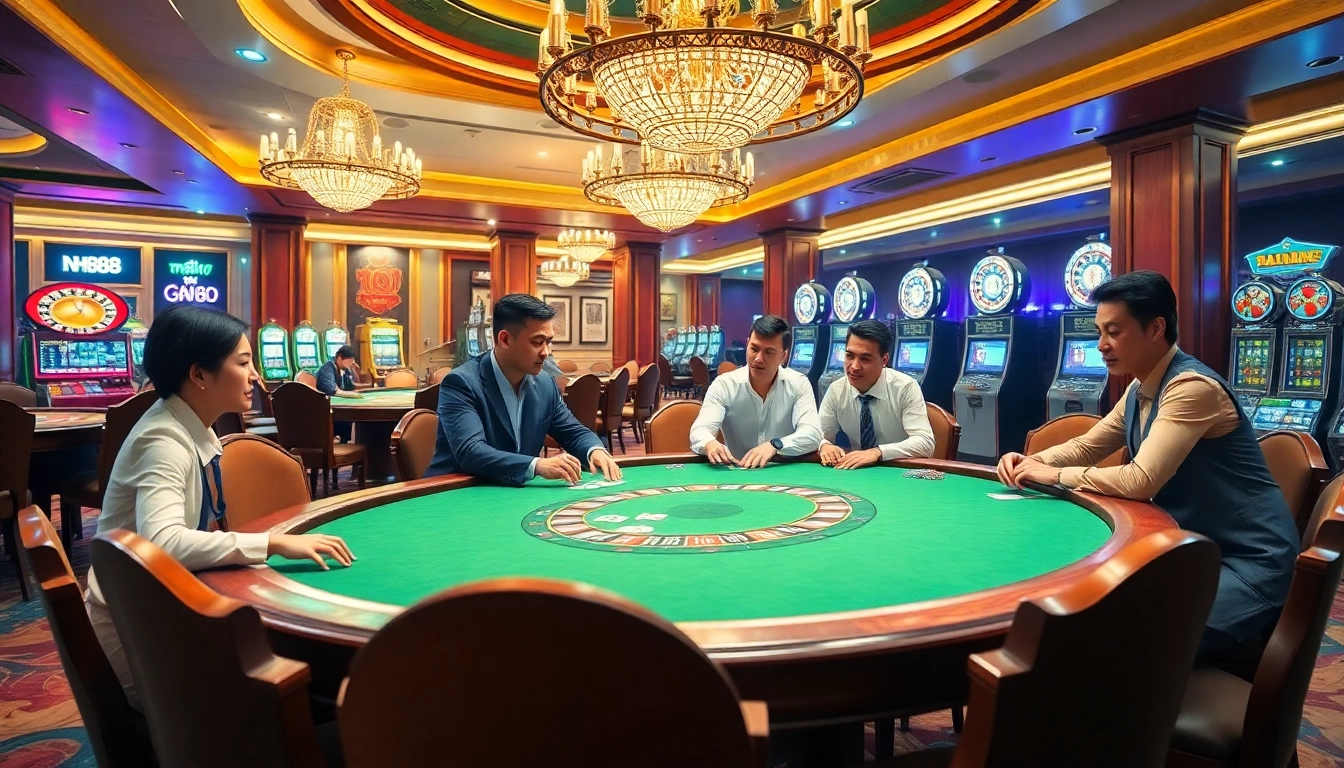 NH88 players strategizing at a high-stakes poker table in a vibrant casino environment.