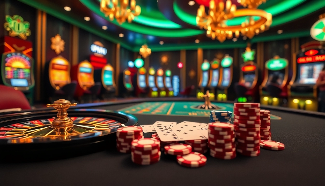 Experience thrilling gaming action at open88 with poker chips and a vibrant roulette wheel.
