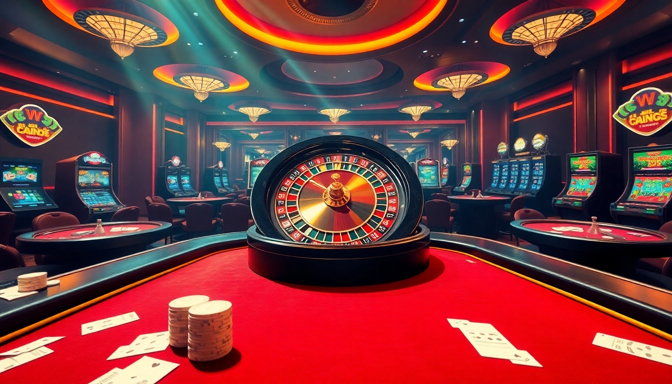 WW88 casino scene showcasing roulette, poker chips, and vibrant slot machines in a luxurious atmosphere