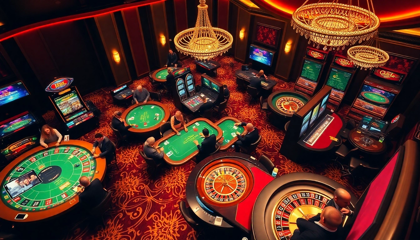 Action-packed gaming atmosphere at topclub with vibrant casino tables, poker chips, and players winning big.