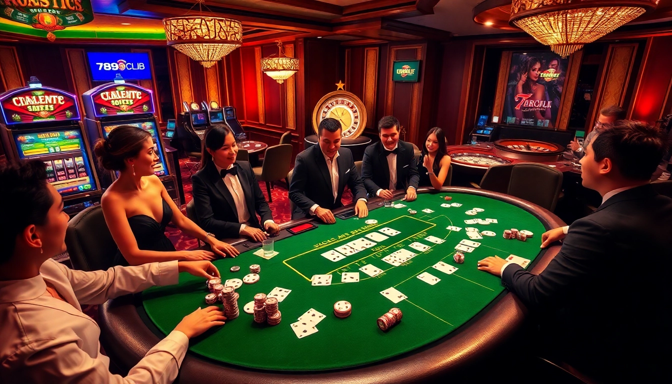 An engaging casino scene showcasing players interacting at the blackjack table at 789club, surrounded by slot machines and roulette wheels.