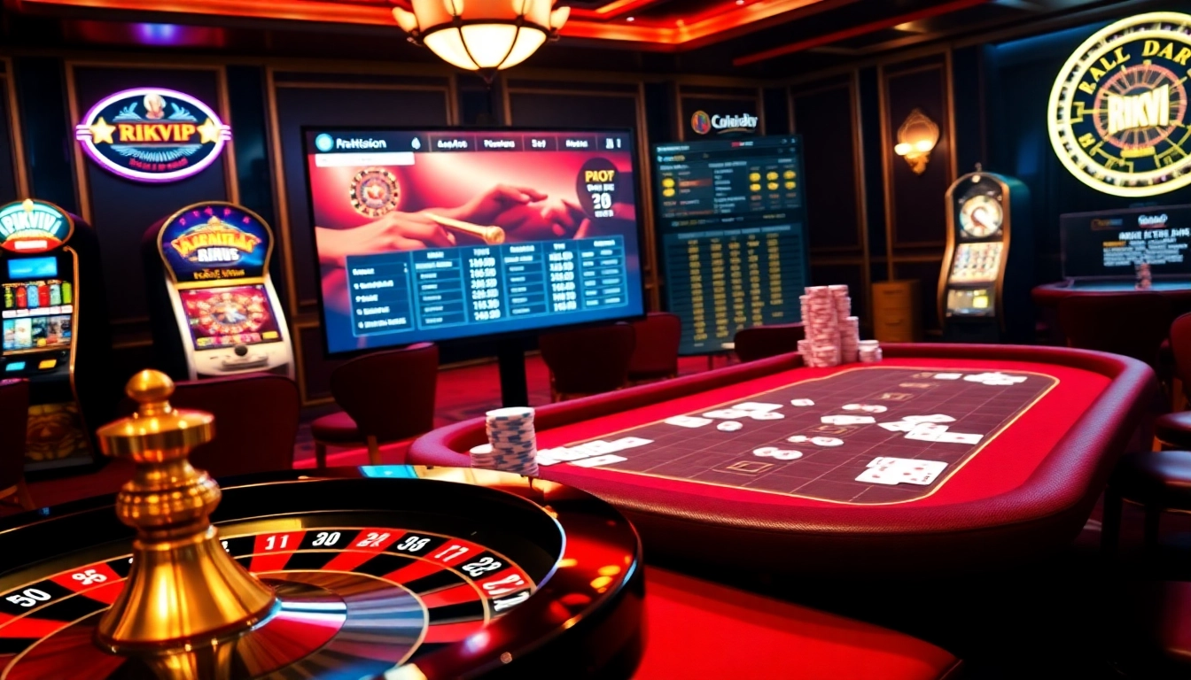 Experience exciting gameplay at rikvip with poker chips and a roulette wheel in a luxurious casino setting.