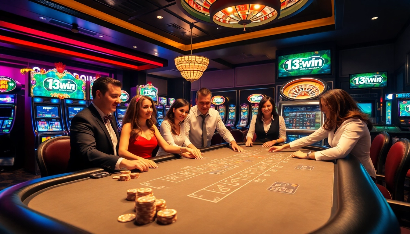Exciting casino atmosphere with blackjack table showcasing 13win reviews and vibrant gambling elements.