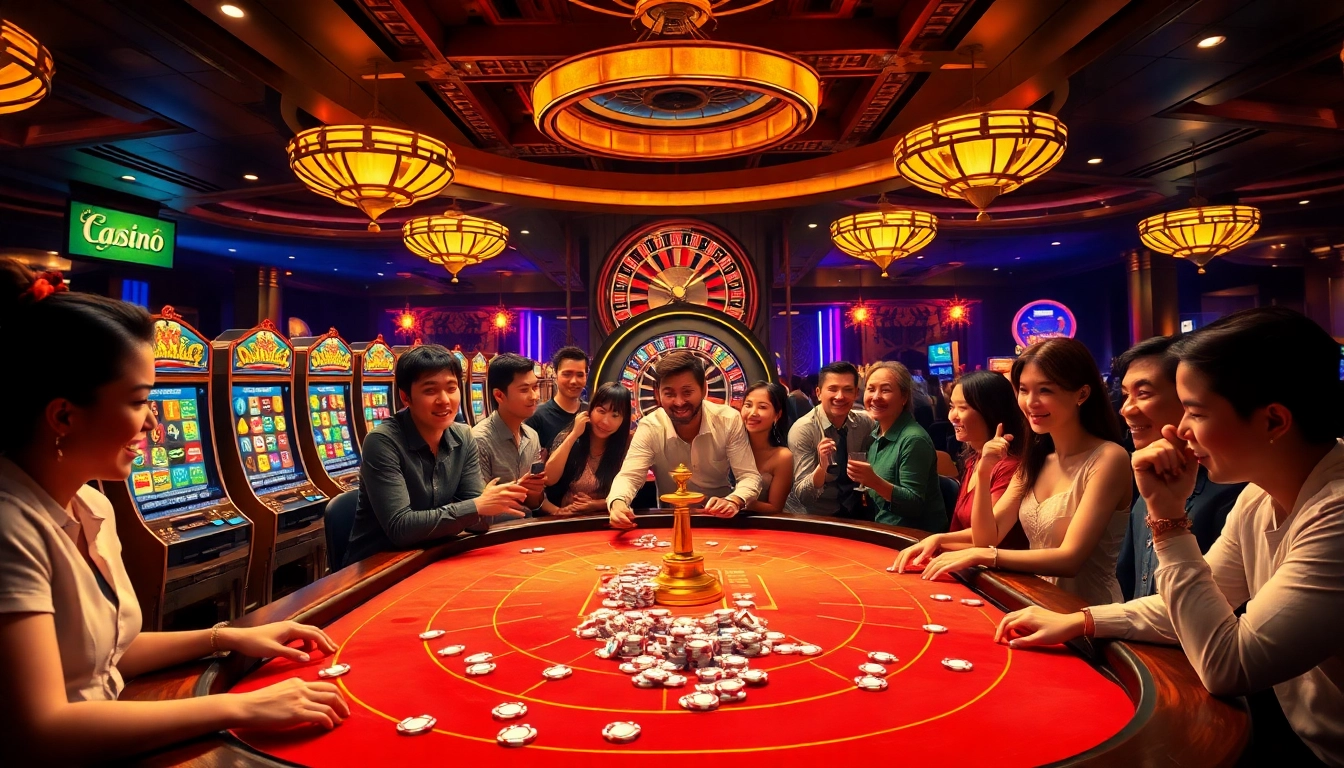 Nohu players enjoying a vibrant casino atmosphere with roulette and slot machines.