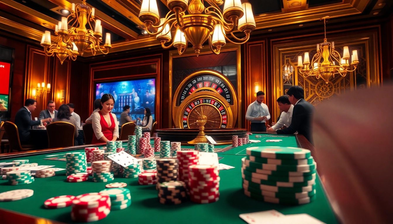 Exciting gambling scene showcasing u888com net with vibrant casino tables and players enjoying poker and roulette.