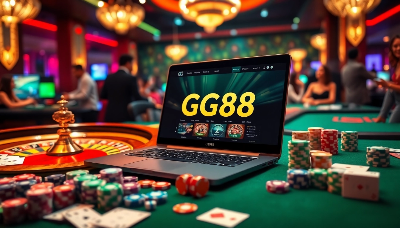 Experience the thrill of gaming at GG88 with vibrant casino tables and betting slips.