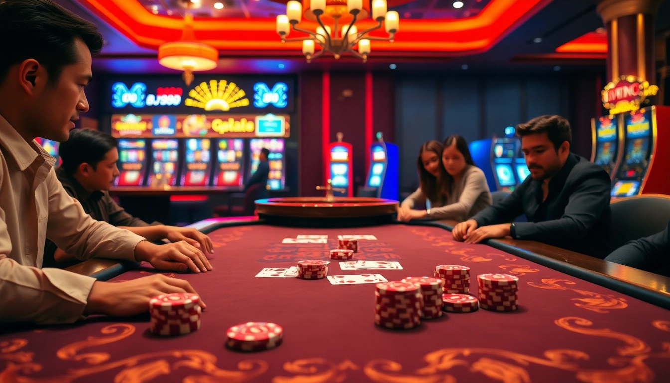 Experience thrilling gameplay at BJ88 with vibrant casino tables and excited players.