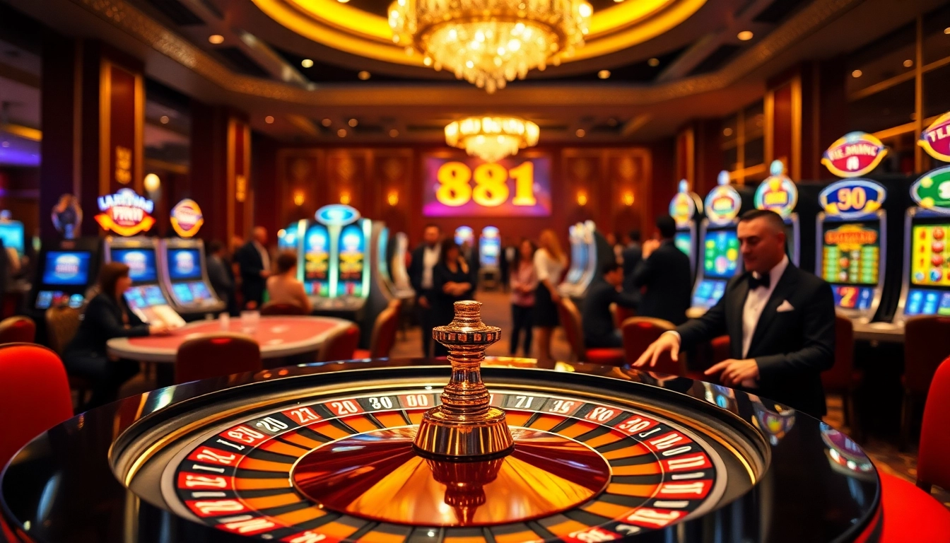 Experience the excitement of 98win with luxury casino tables and vibrant slot machines