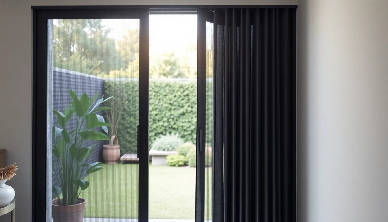 Elegant sliding pleat fly screen door enhancing indoor-outdoor connection with a tranquil garden backdrop.