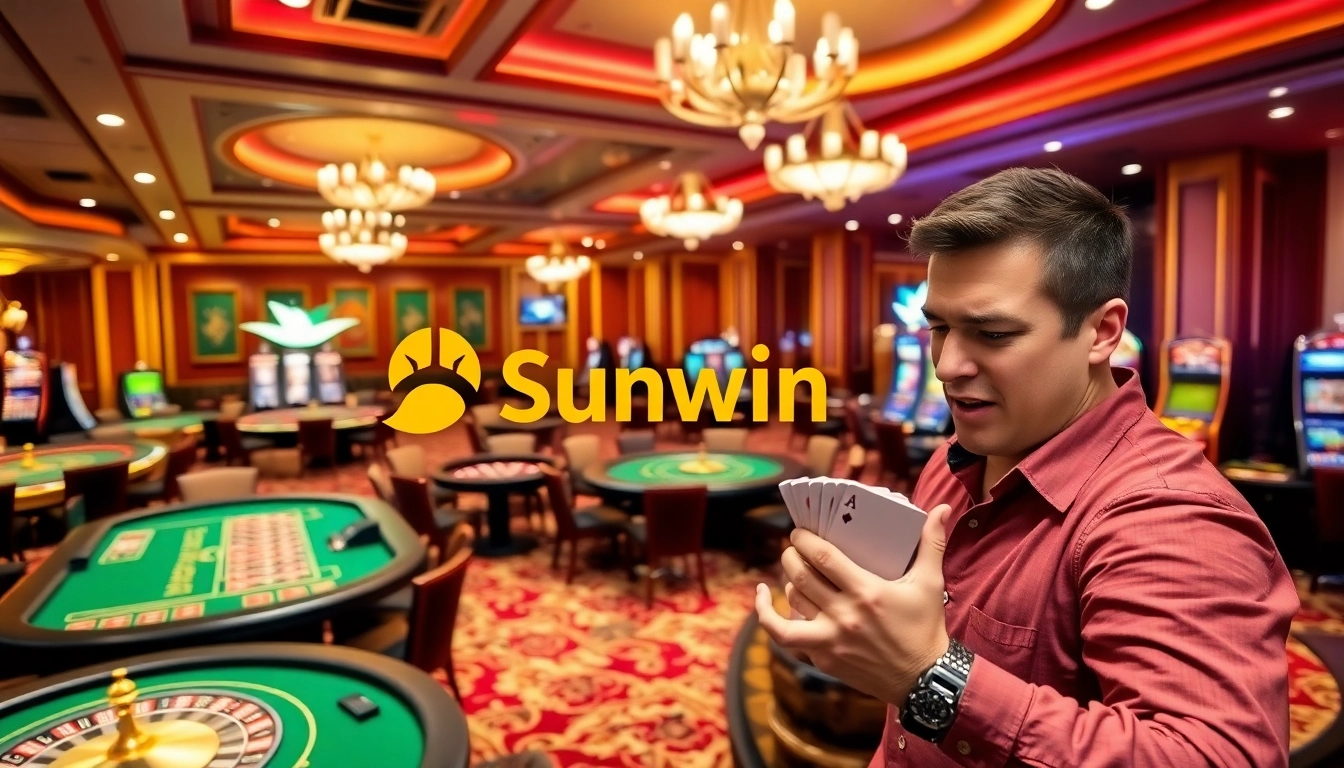 Excited gamblers enjoy gaming at Sunwin's vibrant casino tables with cards and roulette.