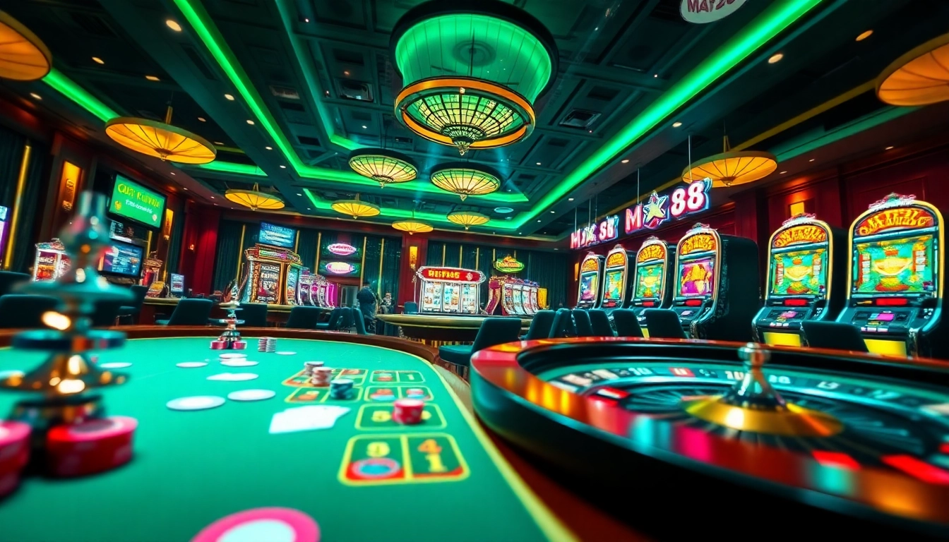 Experience the thrilling excitement of Max88 casino with vibrant tables, cards, and slot machines.