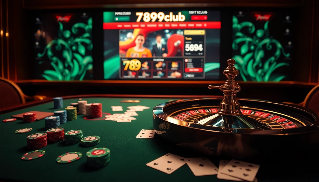 Exciting gambling scene at 789club with poker chips, roulette wheel and vibrant casino atmosphere.