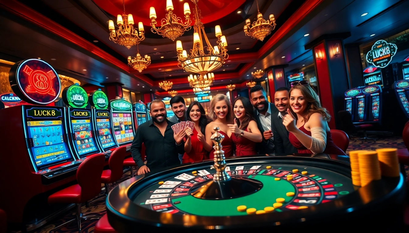 LUCK8 excitement on a vibrant casino floor filled with slot machines and celebratory gamblers.