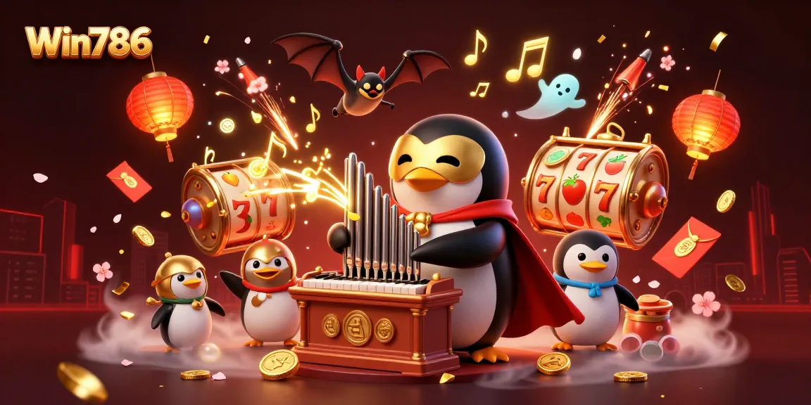 Win786 attracts players with vibrant casino-themed illustration of a penguin organist amidst dynamic gold elements.