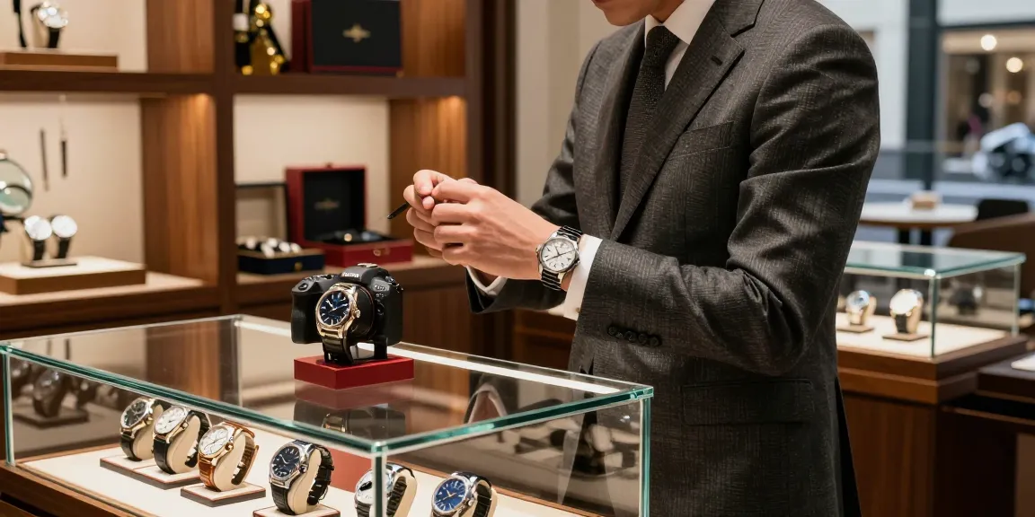 Showcasing super clone watches in a luxurious boutique with stylish individual examining timepieces.