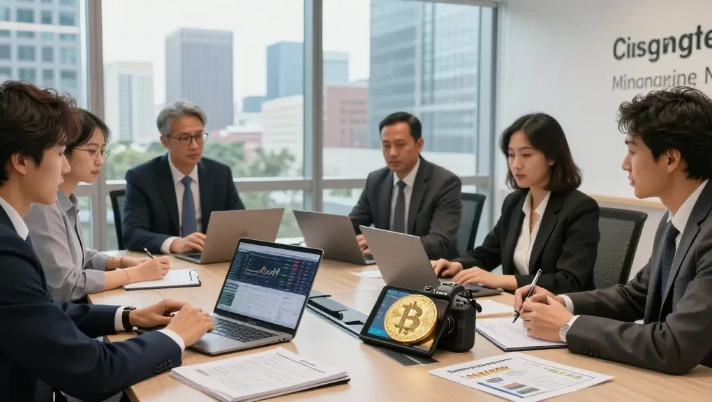 Collaborative team discussing how to invest in BRICS coins in modern office.