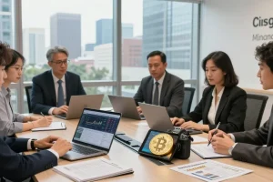 Collaborative team discussing how to invest in BRICS coins in modern office.