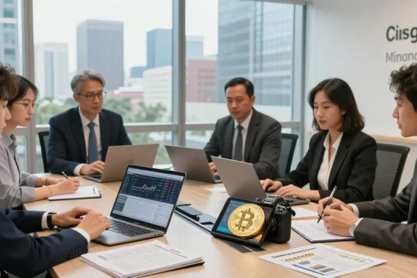 Collaborative team discussing how to invest in BRICS coins in modern office.
