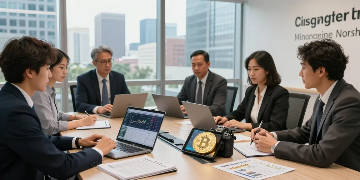 Collaborative team discussing how to invest in BRICS coins in modern office.