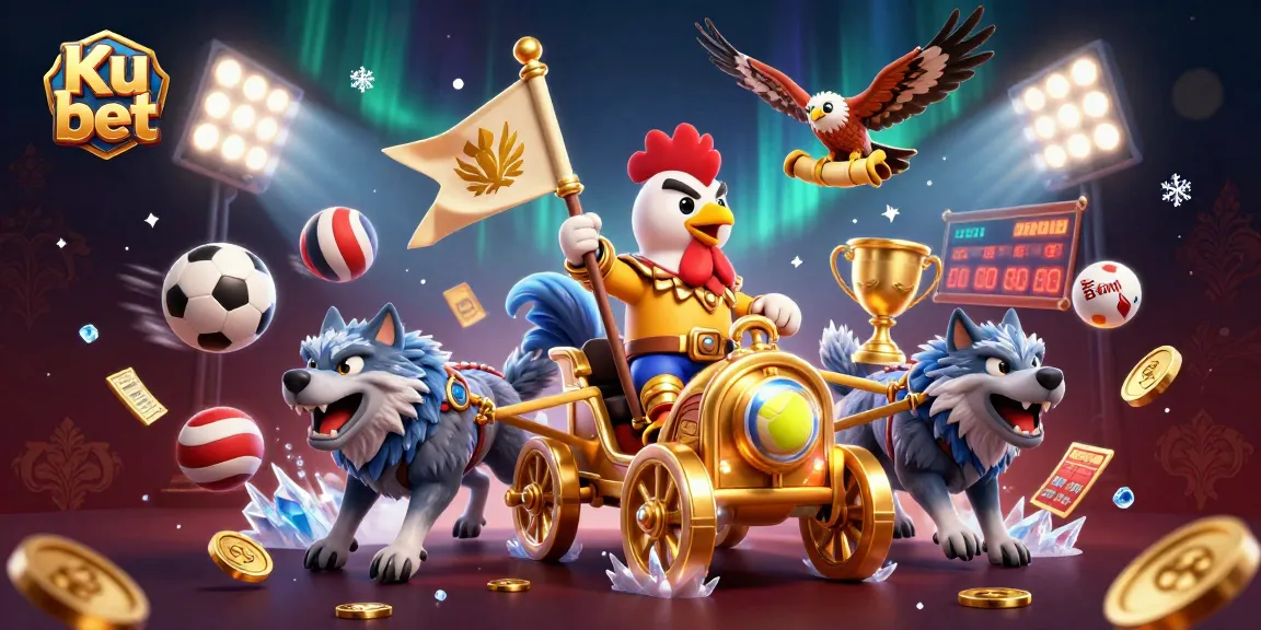 Experience thrilling gameplay at Ku bet with a vibrant 3D digital casino illustration featuring a rooster warlord and dynamic sports elements.