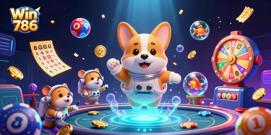 Win 786 interactive space casino scene with floating characters and dynamic gaming elements