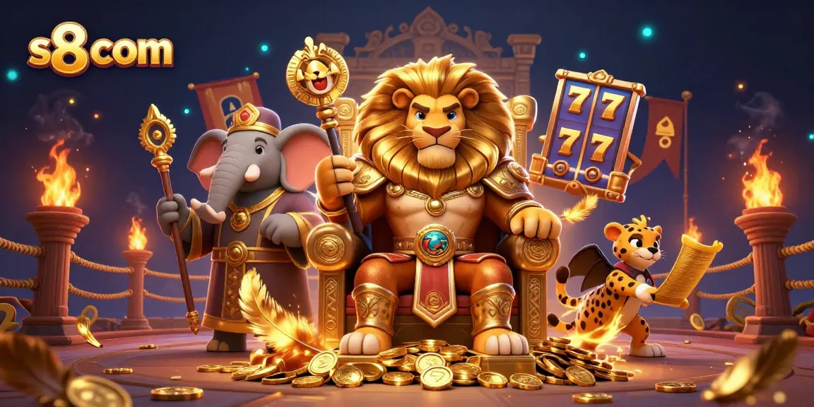 Join the excitement at s8 com with this vibrant scene featuring a lion king and casino themes.
