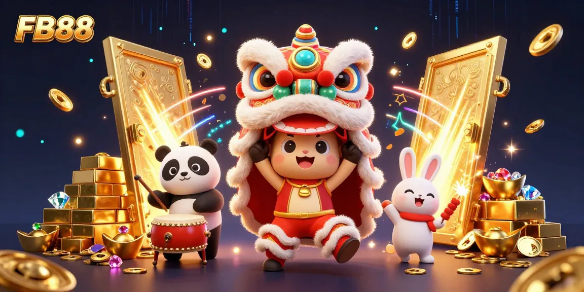 Experience exhilarating gaming with FB88's vibrant lion dance scene amidst treasure and excitement.