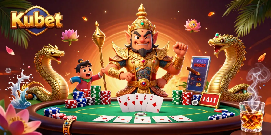 Kubet poker scene with a Thai guardian and Naga snakes amidst glamorous chips and cards