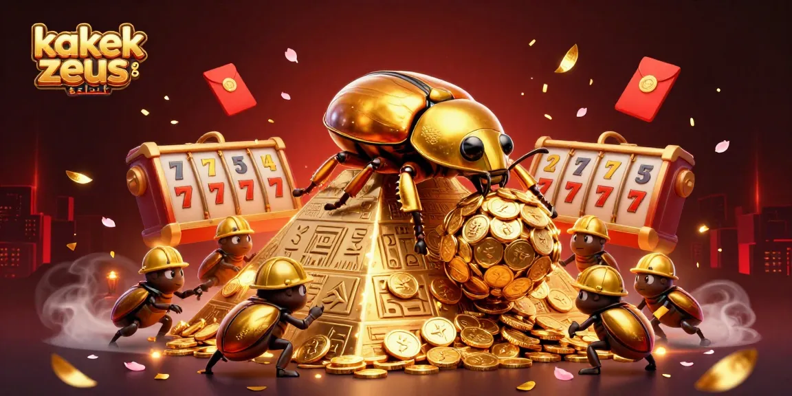 Experience thrilling gameplay with kakek zeus slot, showcasing exciting golden beetle characters rolling jackpot coins.