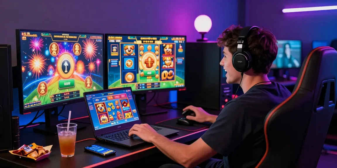 Player enjoying bonus buy slots on crownnorthill.co.uk, immersed in vibrant online gaming with colorful graphics and ambient lighting.