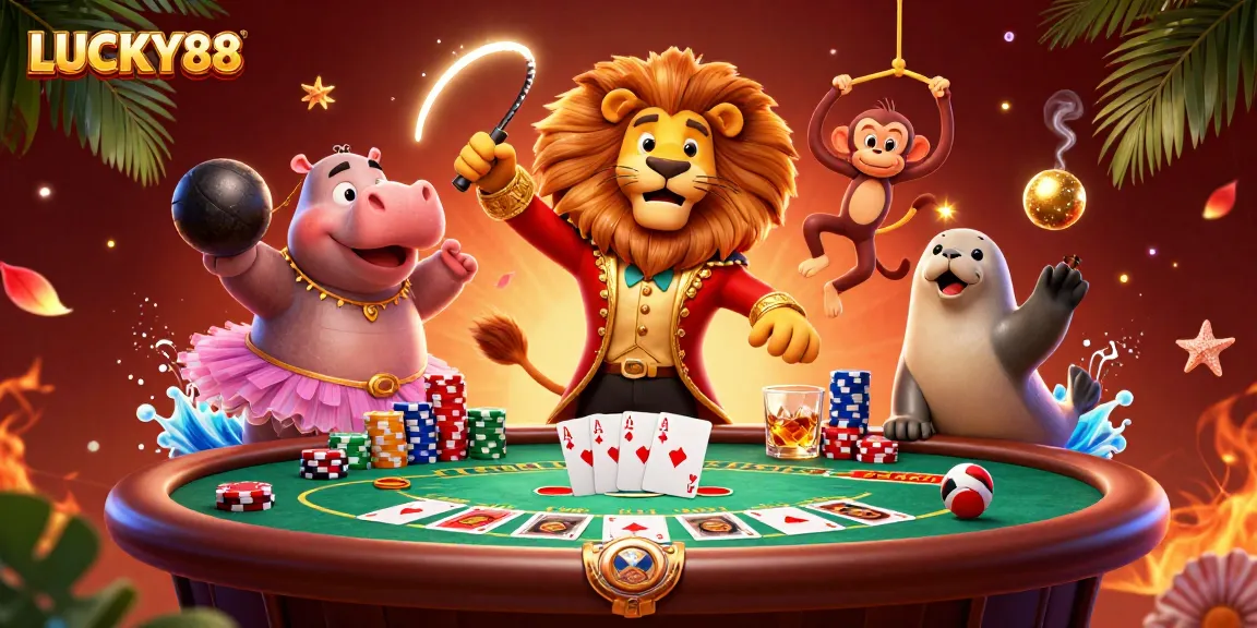 Engage with LUCKY88's vibrant poker scene featuring a lion ringmaster, playful hippo, and lively monkey, amidst rich casino elements.