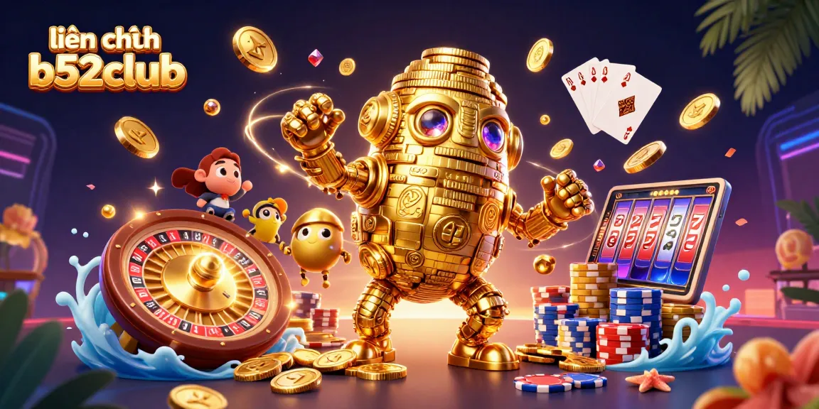 Engage with liên hệ b52club through exciting 3D illustrations of casino elements and golden golems.