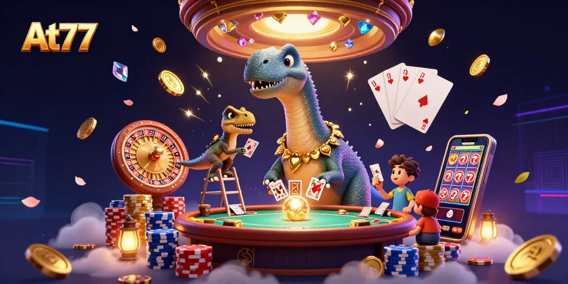 Players engage with exciting games at At77, surrounded by vibrant casino elements.