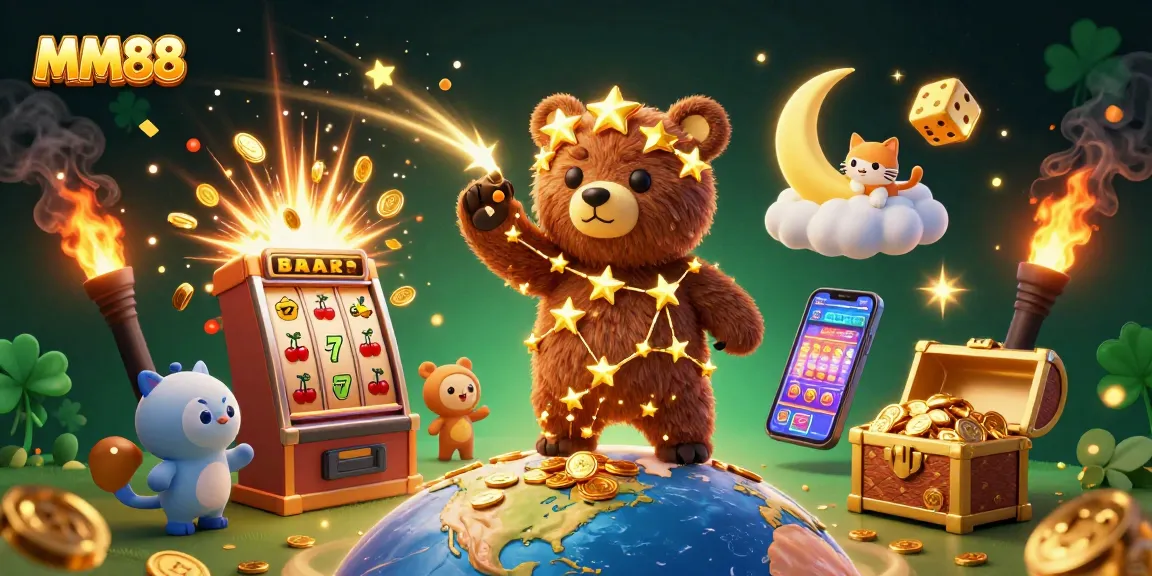 Experience exciting gameplay at MM88 with a 3D casino scene filled with colorful slot machines and dynamic characters.