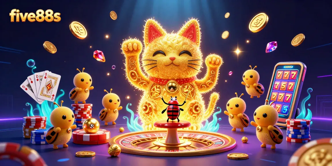 Experience the enchanting five88s with a lucky cat and vibrant casino symbols in a dynamic display.