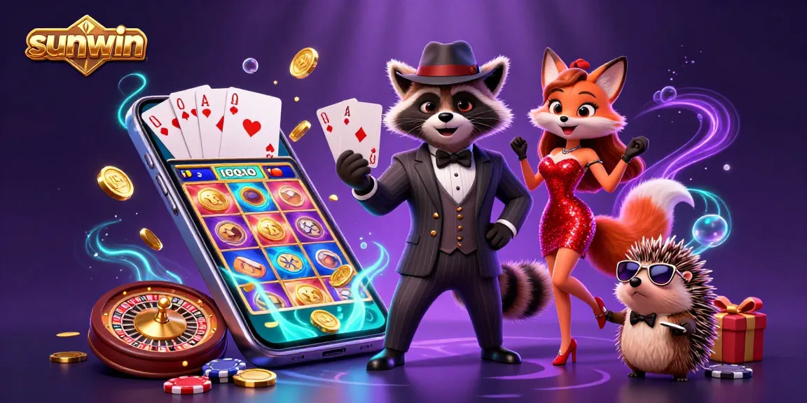 Experience thrilling fun at Sunwin with a suave raccoon dealer showing a royal flush in this vibrant casino scene.